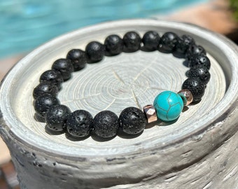 Turquoise and Black Lava Beaded Bracelet,  Black Lava Beaded Bracelet, Turquoise Beaded Bracelet, Turquoise and Lava Stretch Bracelet