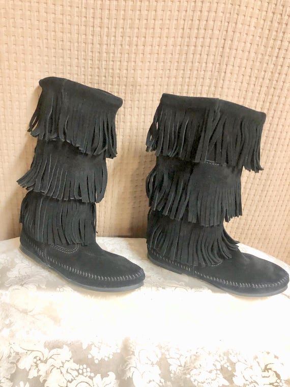 Suede Fringe Minnetonka Boots Black Minnetonka Black Fringed