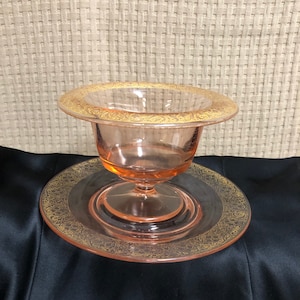 Vintage Gold Etched Pink Glass Pedestal Bowl & Plate