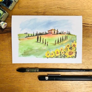 Toskanische Sonnenblume Karte, Karte zum Muttertag, Geburtstagskarte, Karte mit Passepartout, Karte mit Aquarell Blumen, Karte für die Mutter,