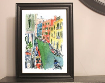 Valentines Venice Gondola watercolour PRINT,  italian painted A4 Print, watercolour print, modern Venice gondola gift