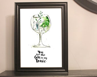 Gin to my tonic Print A4 watercolour illustration print valentines funny unframed gift wrapped , tick tock Gin o clock waterclour A4 print