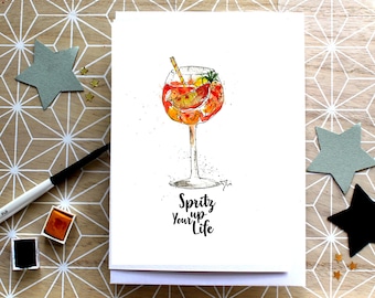 aperol spritz up your life greeting birthday funny card, hand drawn illustration , modern cheerful bright card