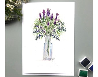 Mother&#39;s Day Lavender & Rosemary card, Lavender personalised greeting card, watercolour lavender painting greeting card