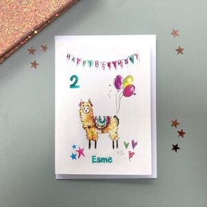 Personalised llama card, llama birthday glitter card, Llama Birthday Cards, handmade llama birthday glitter age card