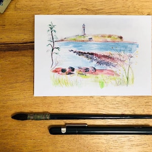 Carta dell'isola di Arran, cartolina d'auguri dell'acquerello del faro del paesaggio marino scozzese del giorno dei padri, carta del paesaggio scozzese dell'acquerello,