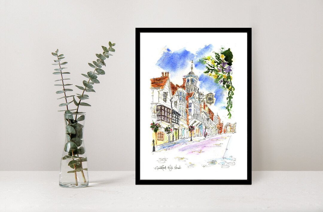 Guildford Clock High Street Surrey Watercolour Illustration Print Wall