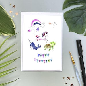 Cartão de aniversário unicórnio tartaruga narval, aquarela personalizada feliz aniversário todas as idades