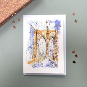 Biglietto acquerello del ponte di Brooklyn, biglietto di auguri di NEW YORK, biglietto di auguri di Manhattan
