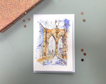 Tarjeta de felicitación con acuarela del puente de Brooklyn: arte de la ciudad de Nueva York