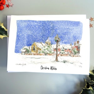 Chiddingfold kerst aquarel sneeuwnacht gepersonaliseerde kaartpakket lokale verkoper illustratie