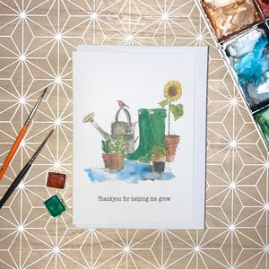 Merci de m'avoir aidé à grandir carte, carte personnalisée de remerciement enseignant, carte de remerciement jardinage wellies et carte de plantes