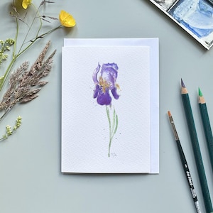Iris aquarelkaart, Iris verjaardagskaart, gepersonaliseerde Iriskaart, Iriskaart, handgemaakte Iriskaart