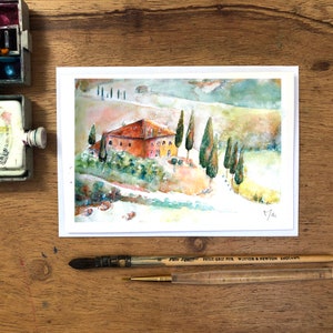 Biglietto d'auguri con acquerello di una villa in Toscana, paesaggio di colline toscane, cartolina con dolci colline italiane
