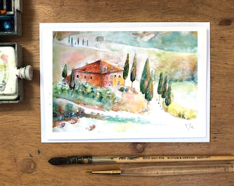 Tuscany Villa Watercolor Greeting Card: Italian Landscape Art