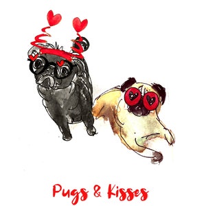 pugs n kisses carte, aquarelle illustration pug chien valentines anniversaire salutation, chien valentines note carte joyeux anniversaire Pug carte drôle image 2