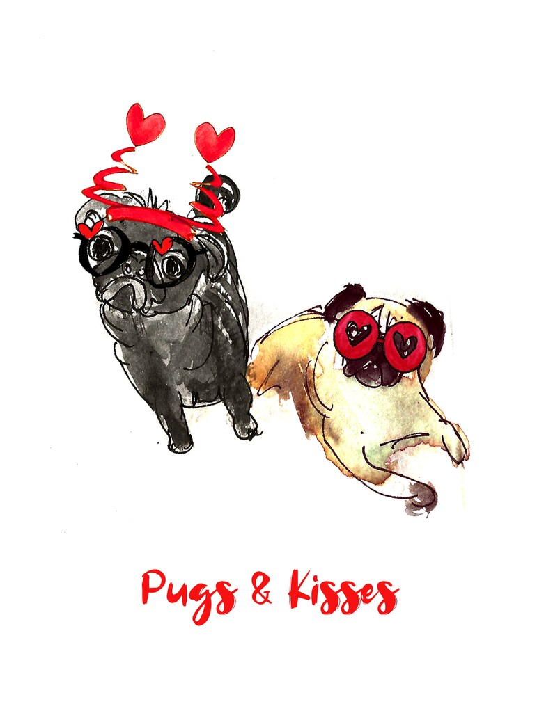 pugs n kisses carte, aquarelle illustration pug chien valentines anniversaire salutation, chien valentines note carte joyeux anniversaire Pug carte drôle image 2