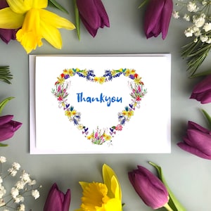 pacote de cartões de agradecimento de flores de primavera, cartões de corações de tulipas de narcisos de agradecimento, cartão de agradecimento de guirlanda de coração floral, cartão de felicitações de guirlanda de coração,