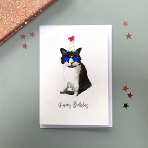 Tuxedo cat in a hat birthday greeting card , personalised black cat birthday card , birthday cat card