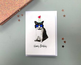 Tuxedo cat in a hat birthday greeting card , personalised black cat birthday card , birthday cat card