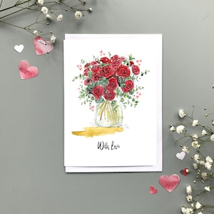 Tarjeta de rosas rojas de feliz San Valentín, tarjeta de rosas, tarjeta de rosas de San Valentín, tarjeta personalizada con pintura de ramo de rosas