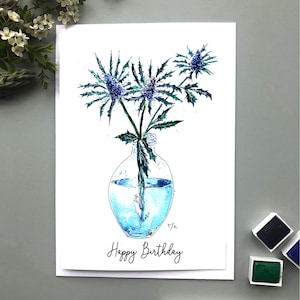 スコットランドのシーホリーのグリーティングカード水彩画、シーホリーカード、花カード、シーホリーの水彩画イラストアート、スコットランドの花カード