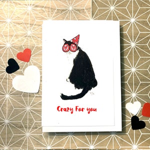 Funny valentines black cat card, illustration black and white cat valentines greeting card, cat valentines note card, black cat card