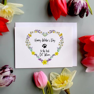 Carte de fête des mères heureuse, maman chat, carte jonquille fête des mères, carte personnalisée chat fête des mères, carte jonquille chat