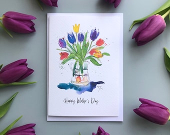 tulips mother's day easter greeting card, watercolour, flower card, easter mother's day card, tulip card , tulip birthday card, tulips card