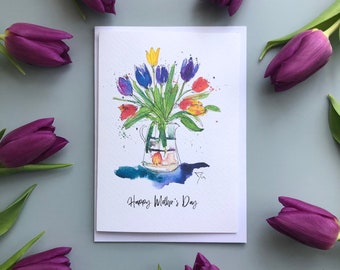 tulips mother's day easter greeting card, watercolour, flower card, easter mother's day card, tulip card , tulip birthday card, tulips card