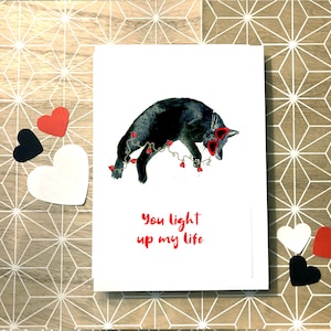 tu illumines ma vie aquarelle illustration Saint Valentin chat noir carte amour coeur lunettes de soleil drôle carte Saint Valentin
