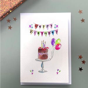 Carte de voeux chocolat, gâteau de joyeux anniversaire et carte de ballons
