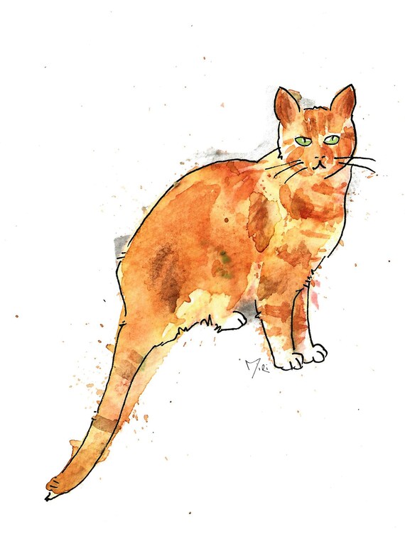 ジンジャートムキャット水彩カード：元気な猫のイラスト - Etsy 日本
