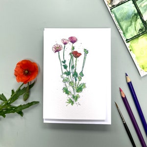 carte de coquelicots géants peinte à la main, carte de coquelicots aquarelle, carte de coquelicots d'anniversaire, impression de coquelicots violets et rouges aquarelle
