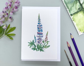 handpainted lupin card, watercolour lupin card, birthday lupins card, watercolour purple and pink lupins print