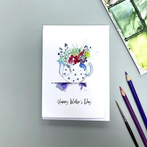 Teapot Fleurs Carte Mères, Aquarelle Fleurs dans Teapot Card, Teapot Mother’s Day Card, Teapot Floral Card