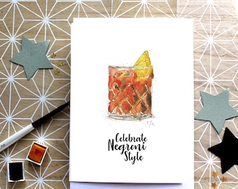 Biglietto d'auguri con cocktail Negroni ad acquerello