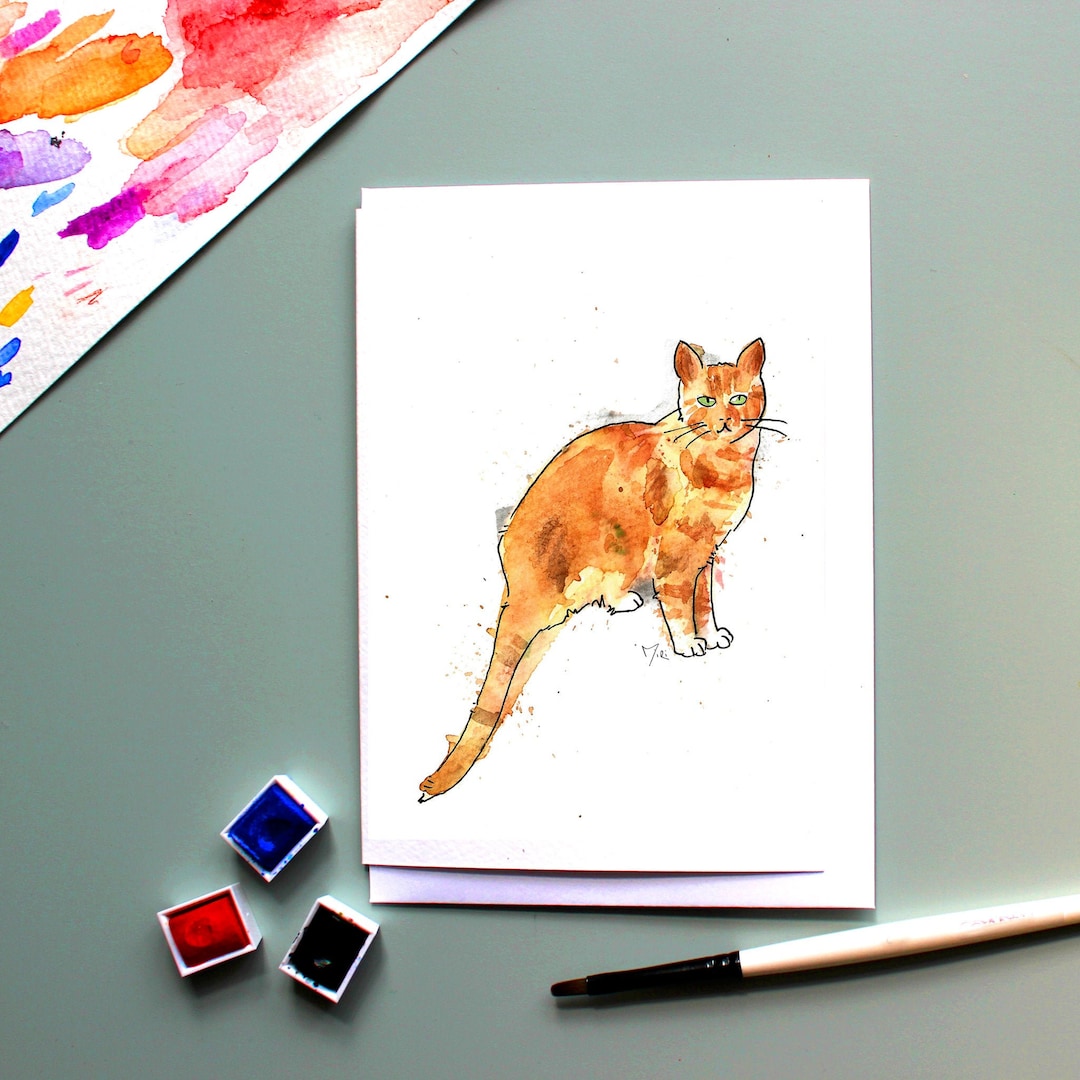 ジンジャートムキャット水彩カード：元気な猫のイラスト - Etsy 日本
