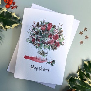 Amarílis, rosas, azevinhos, pinhas, buquê, cartão de Natal, aquarela, flores tradicionais, frutas vermelhas