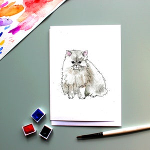 carte de chat pelucheuse blanche, carte de joyeux jour de carte de note aquarelle de chat, carte gaie lumineuse