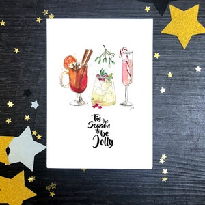 christmas drinks card, christmas cocktail drink watercolour greeting card, tis the season to be jolly message personalised card pack