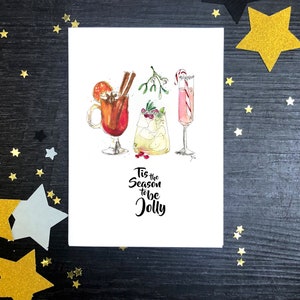 kerstborrelkaart, kerstcocktaildrank aquarel wenskaart, dit is het seizoen om een vrolijk bericht gepersonaliseerd kaartpakket te zijn
