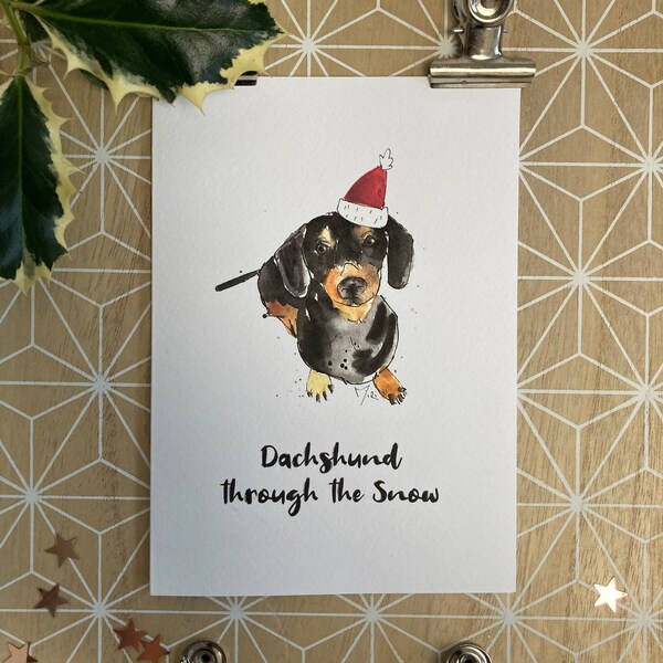 Dachshund sausage dog christmas card, Dachshund santa hat card