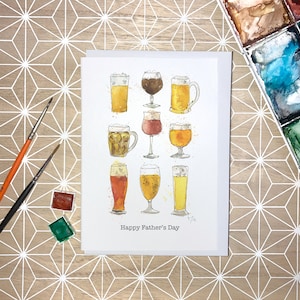 Happy Fathers Day-bierkaart, gepersonaliseerde bierkaart, aquarelillustratie bierglazen