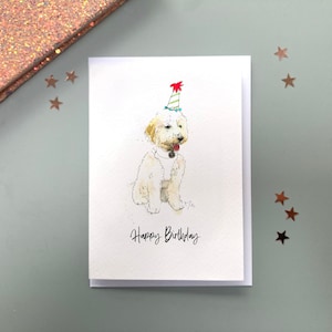 Witte CockaPoo verjaardagshoed hond wenskaart, verjaardagskaart hond