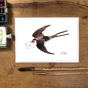 tarjeta de golondrina de acuarela pintada a mano tarjeta de felicitación de golondrina, tarjeta de pájaro mensaje personalizado pintado a mano escrito dentro de la tarjeta