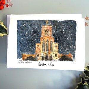 Catedral de Guildford Natal aquarela neve noite personalizado cartão pacote vendedor local ilustração