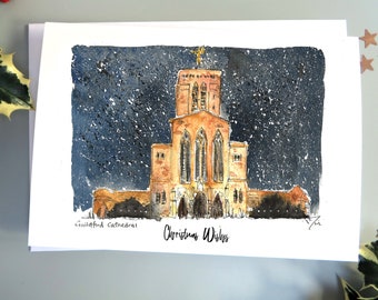 Aquarelle de Noël de la cathédrale de Guildford, nuit de neige, illustration personnalisée du vendeur local