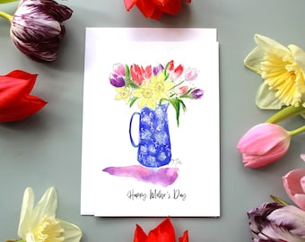 mother&#39;s day daffodil and tulips in blue vase card, daffodil and tulips blue vase mothers day birthday personalised card