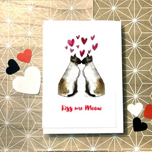 drôle KISSING siamese aquarelle valentines kISS ME MEOW cat card personasilsed, illustration siamese cat valentines carte de vœux,